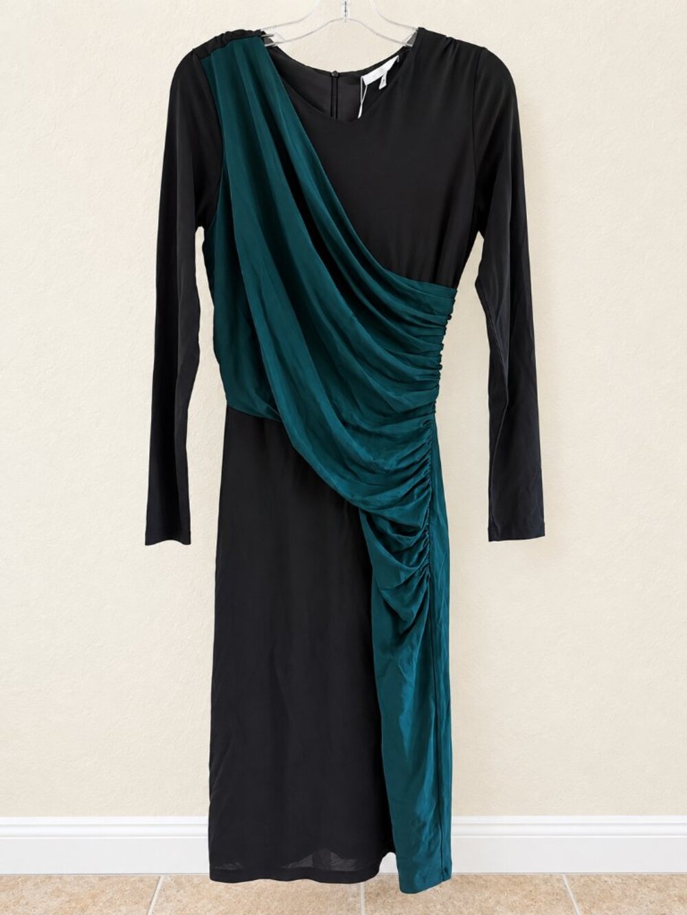 HUGO BOSS Eretha Black & Green Draped Midi Dress Size Small NWT